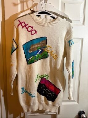 Vintage Cream Graphic Knit Sweater with Multicolor Scenic Motifs